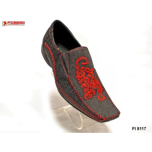 Fiesso Black With Red Embroidered Tiger Design Denim Leather Loafer Shoes FI8117